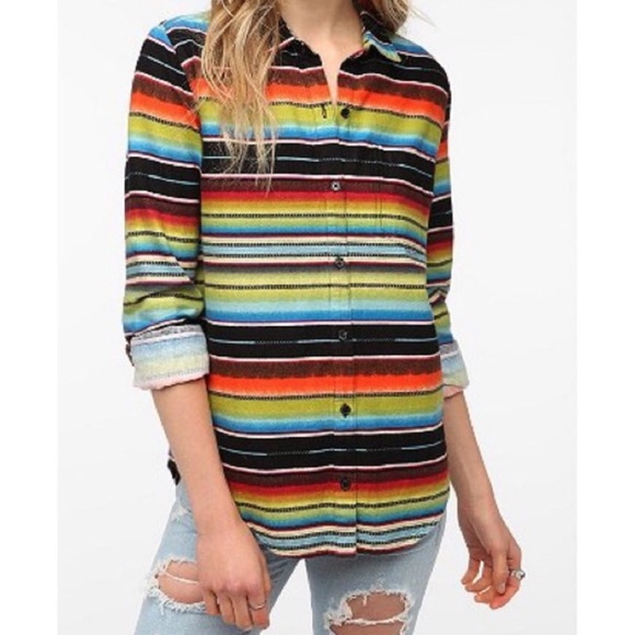 BDG Tops - BDG 🌈 Santa Fe Baja Mexican Blanket Button Up Collared Long Flannel Shirt Top L